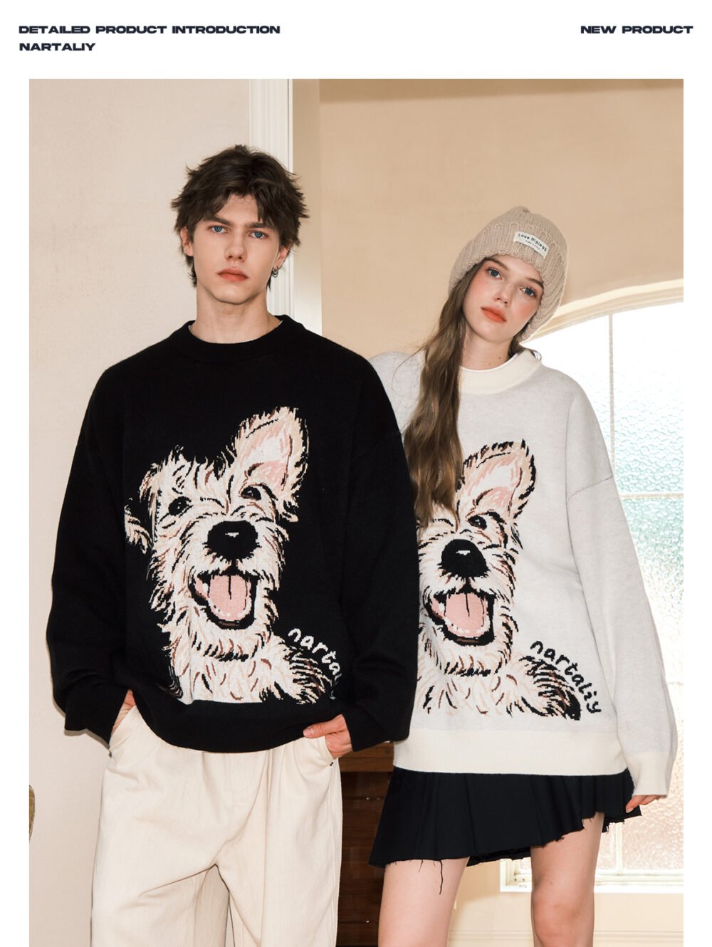 NARTALIY Puppy Round Neck Sweater - Unisex Autumn and Winter American Retro Trend Loose Sweater - Image 2