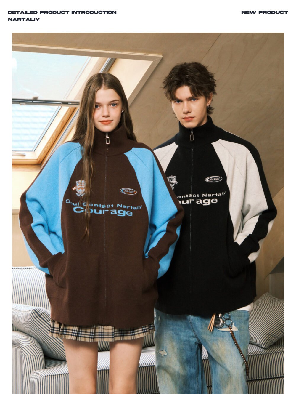 NARTALIY Contrast Color Stitching Stand Collar Zipper Sweater - Unisex Autumn and Winter Sports Knitted Cardigan Jacket