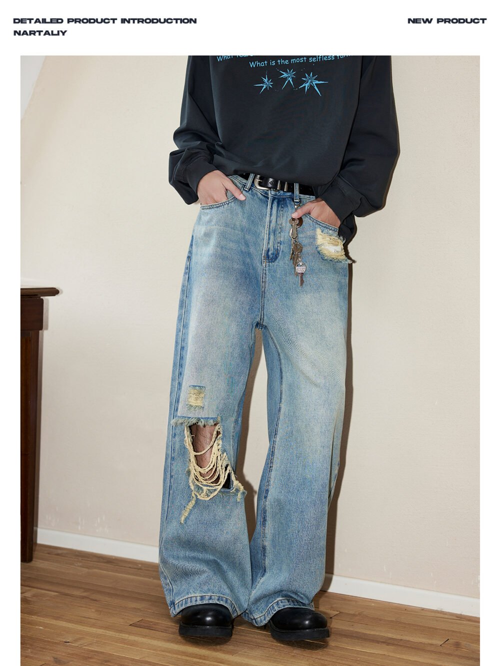NARTALIY American Retro Washed Ripped Jeans - Men's Spring and Autumn Loose Straight Wide-Leg Trousers