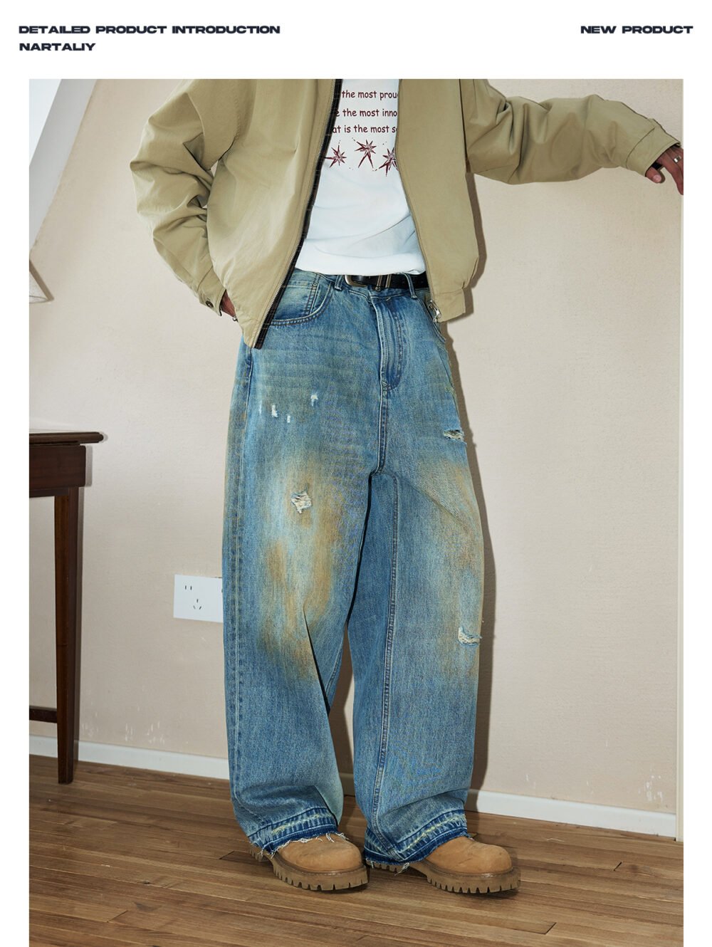 NARTALIY Yellow Mud Ripped Raw Edge Jeans - Men's Pure Cotton Trendy American High Street Wide-Leg Trousers