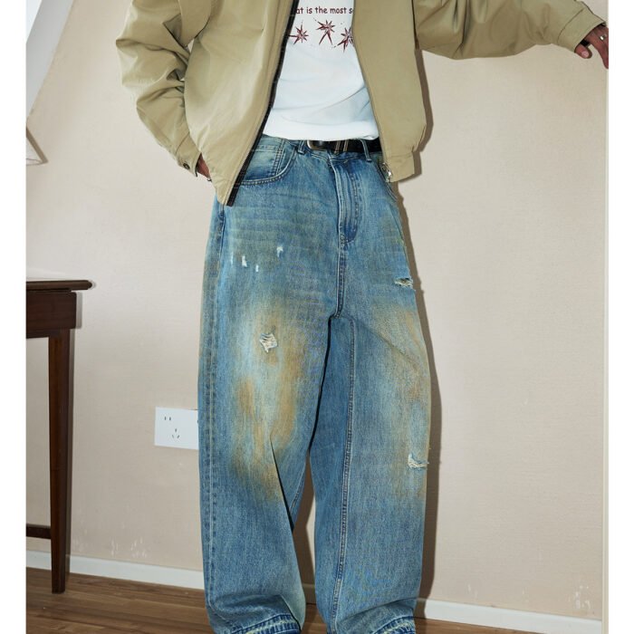 NARTALIY Yellow Mud Ripped Raw Edge Jeans - Men's Pure Cotton Trendy American High Street Wide-Leg Trousers