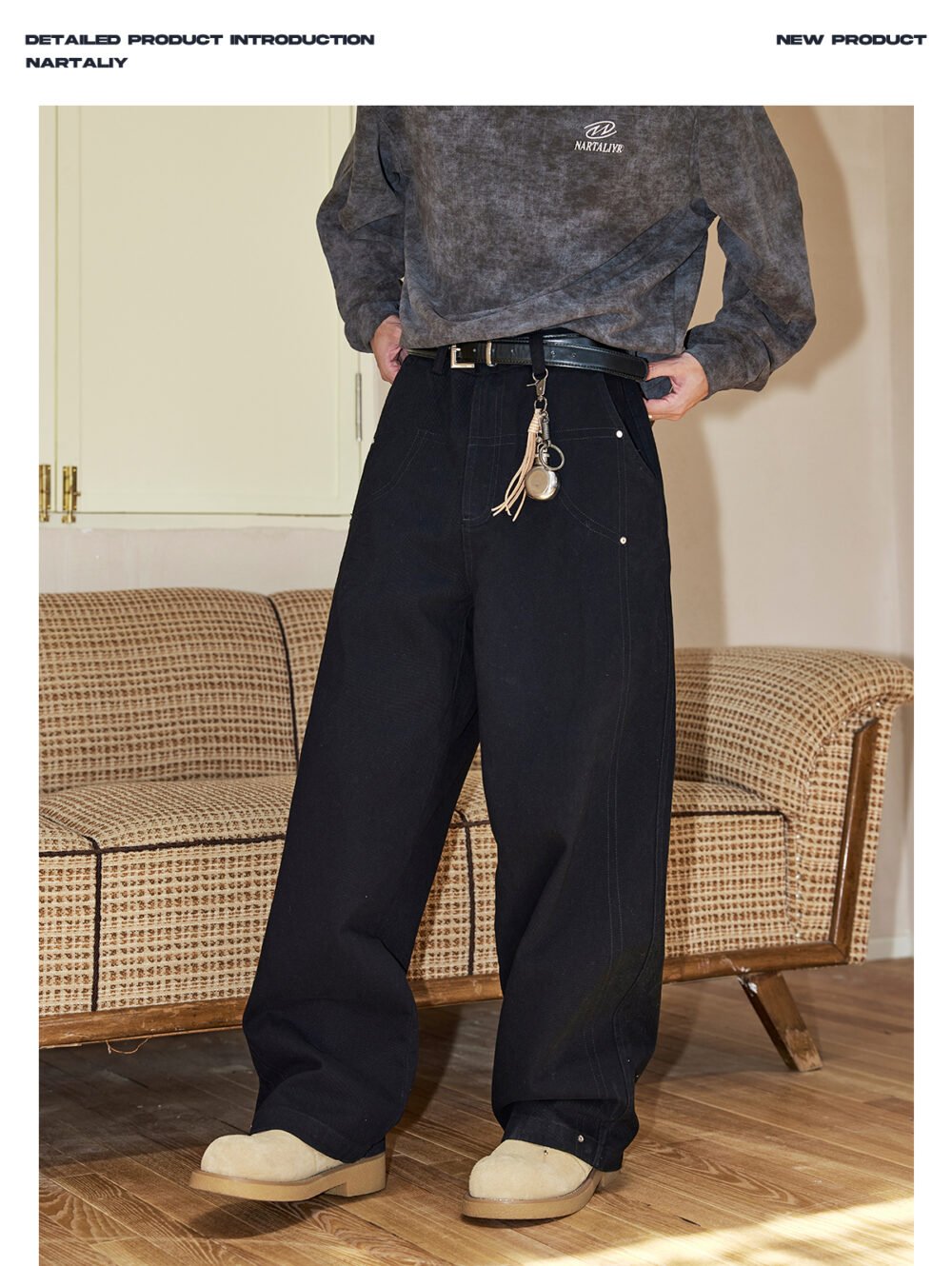 NARTALIY Rivet Decorated Pure Cotton Casual Pants - Men's Spring and Autumn American High Street Wide-Leg Trousers