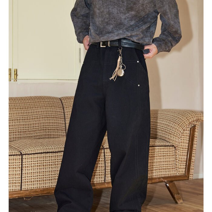NARTALIY Rivet Decorated Pure Cotton Casual Pants - Men's Spring and Autumn American High Street Wide-Leg Trousers