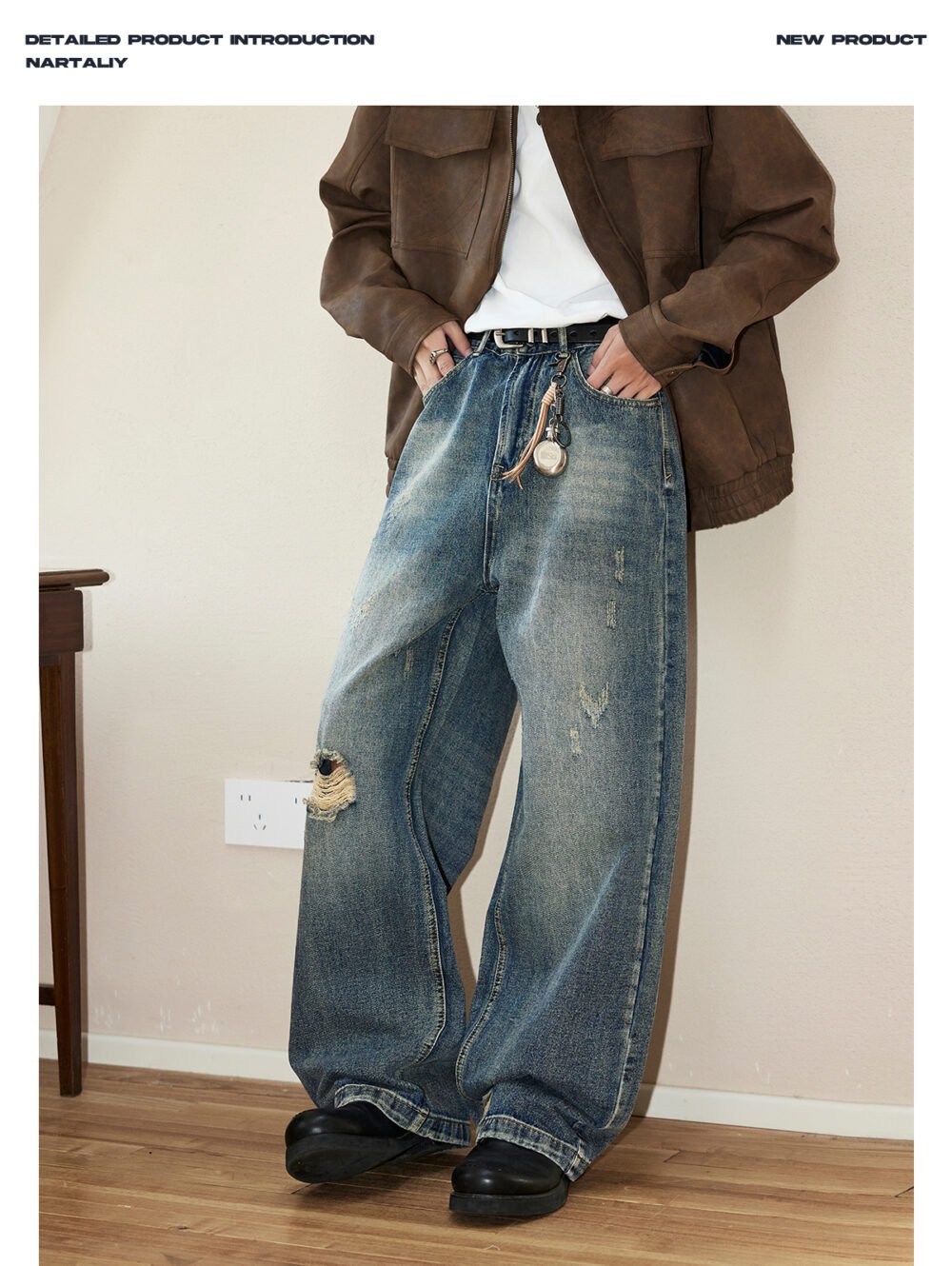 NARTALIY Ripped Washed Old Jeans - Men's Fashion Brand Spring and Autumn American Retro Wide-Leg Trousers