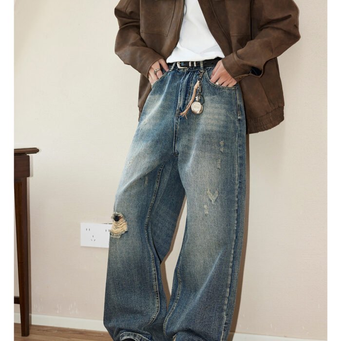 NARTALIY Ripped Washed Old Jeans - Men's Fashion Brand Spring and Autumn American Retro Wide-Leg Trousers