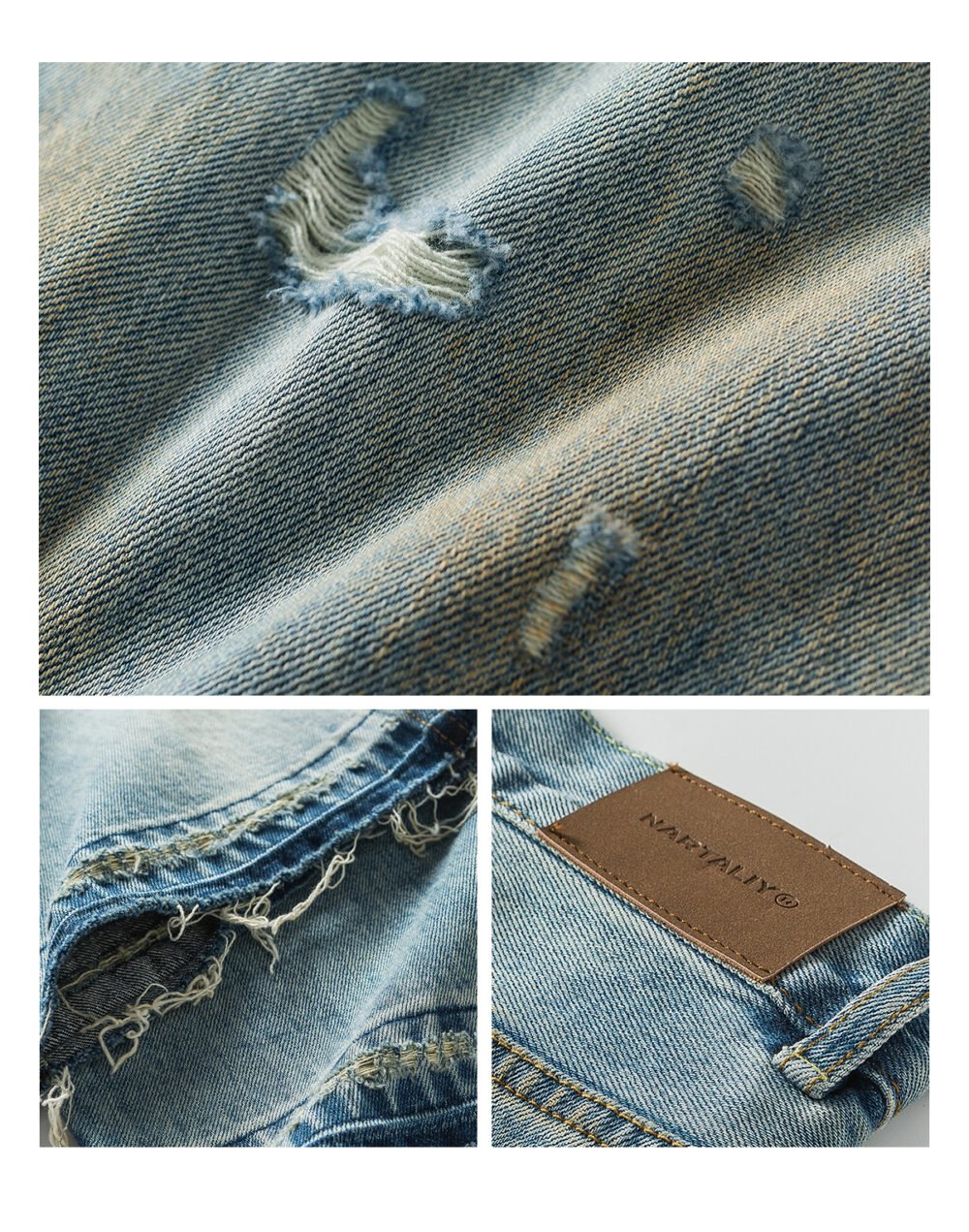 NARTALIY Yellow Mud Ripped Raw Edge Jeans - Men's Pure Cotton Trendy American High Street Wide-Leg Trousers - Image 7