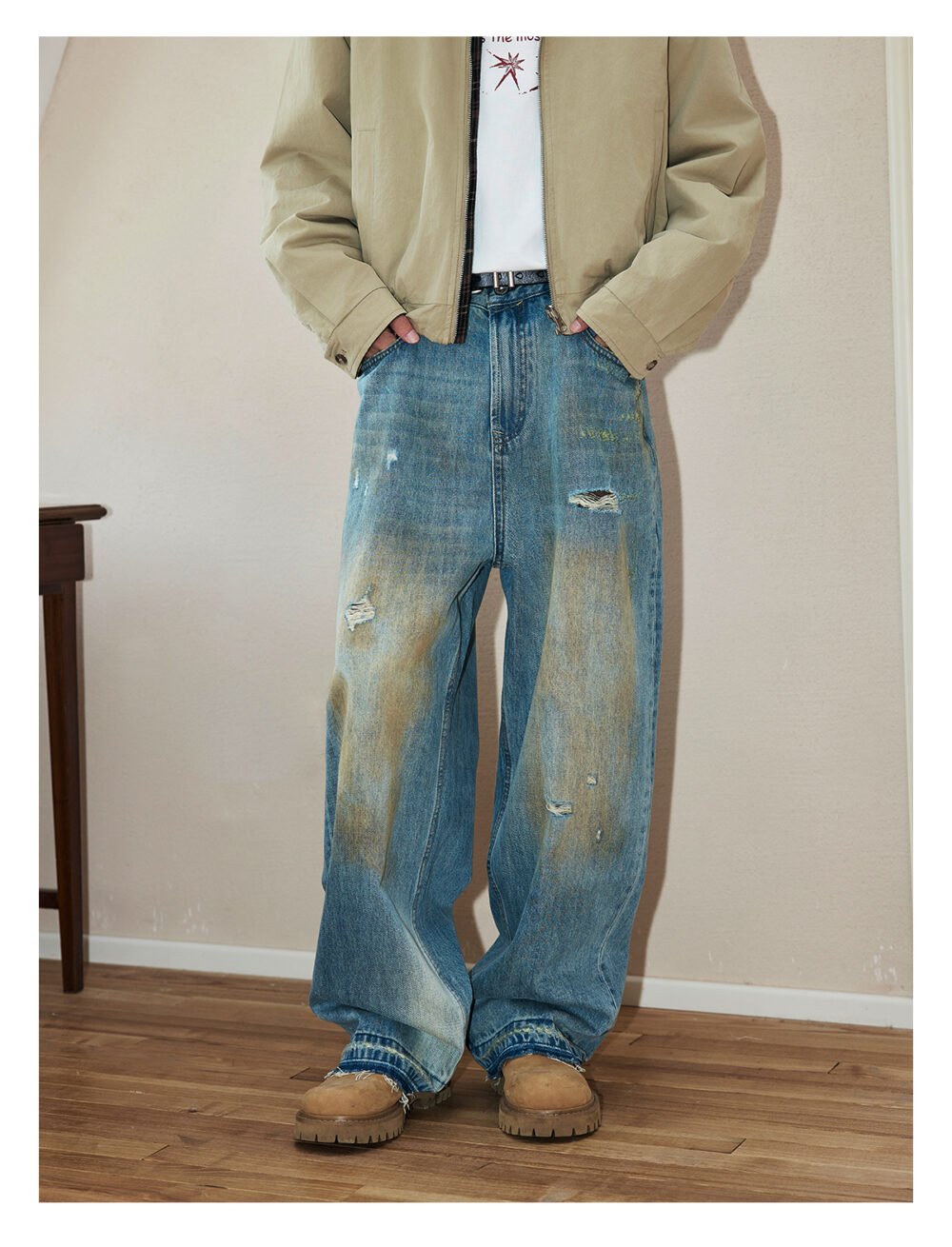 NARTALIY Yellow Mud Ripped Raw Edge Jeans - Men's Pure Cotton Trendy American High Street Wide-Leg Trousers - Image 2