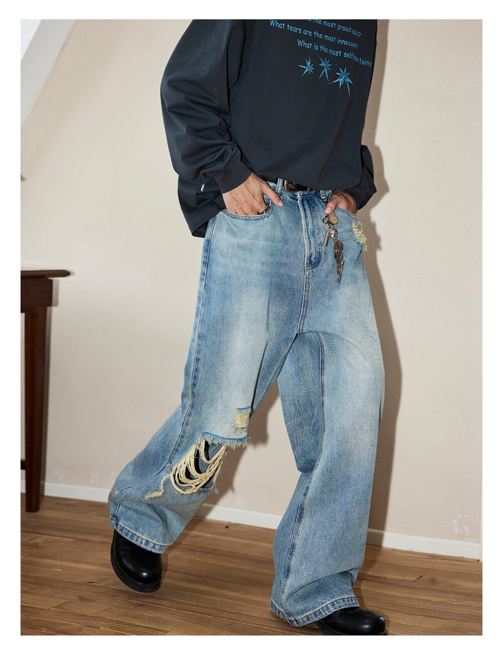 NARTALIY American Retro Washed Ripped Jeans - Men's Spring and Autumn Loose Straight Wide-Leg Trousers - Image 2