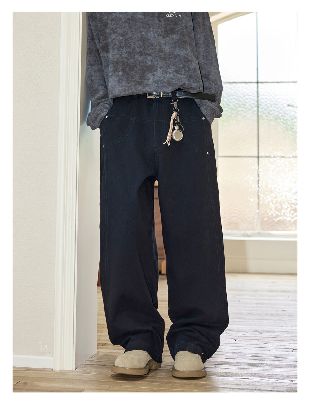 NARTALIY Rivet Decorated Pure Cotton Casual Pants - Men's Spring and Autumn American High Street Wide-Leg Trousers - Image 2