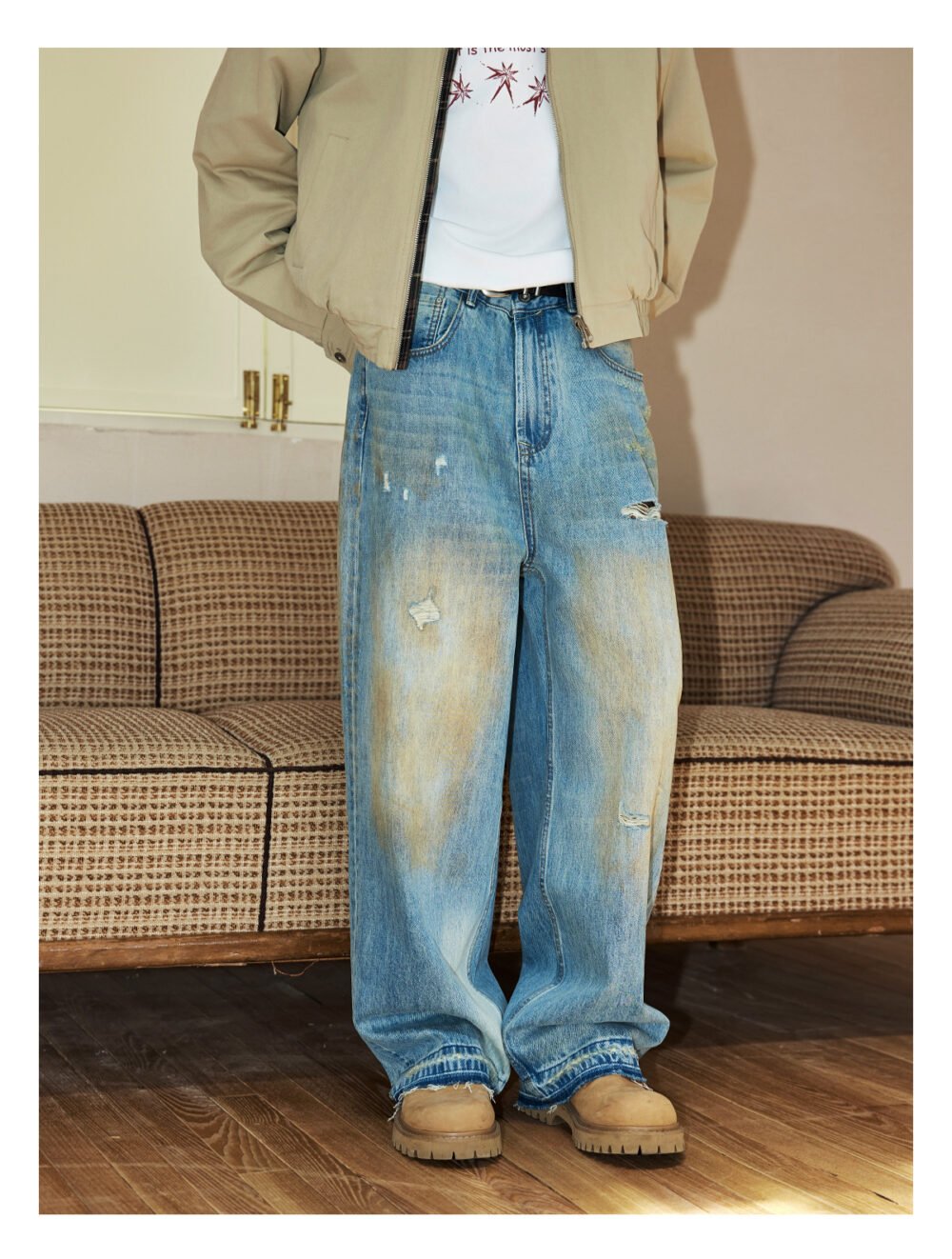 NARTALIY Yellow Mud Ripped Raw Edge Jeans - Men's Pure Cotton Trendy American High Street Wide-Leg Trousers - Image 3