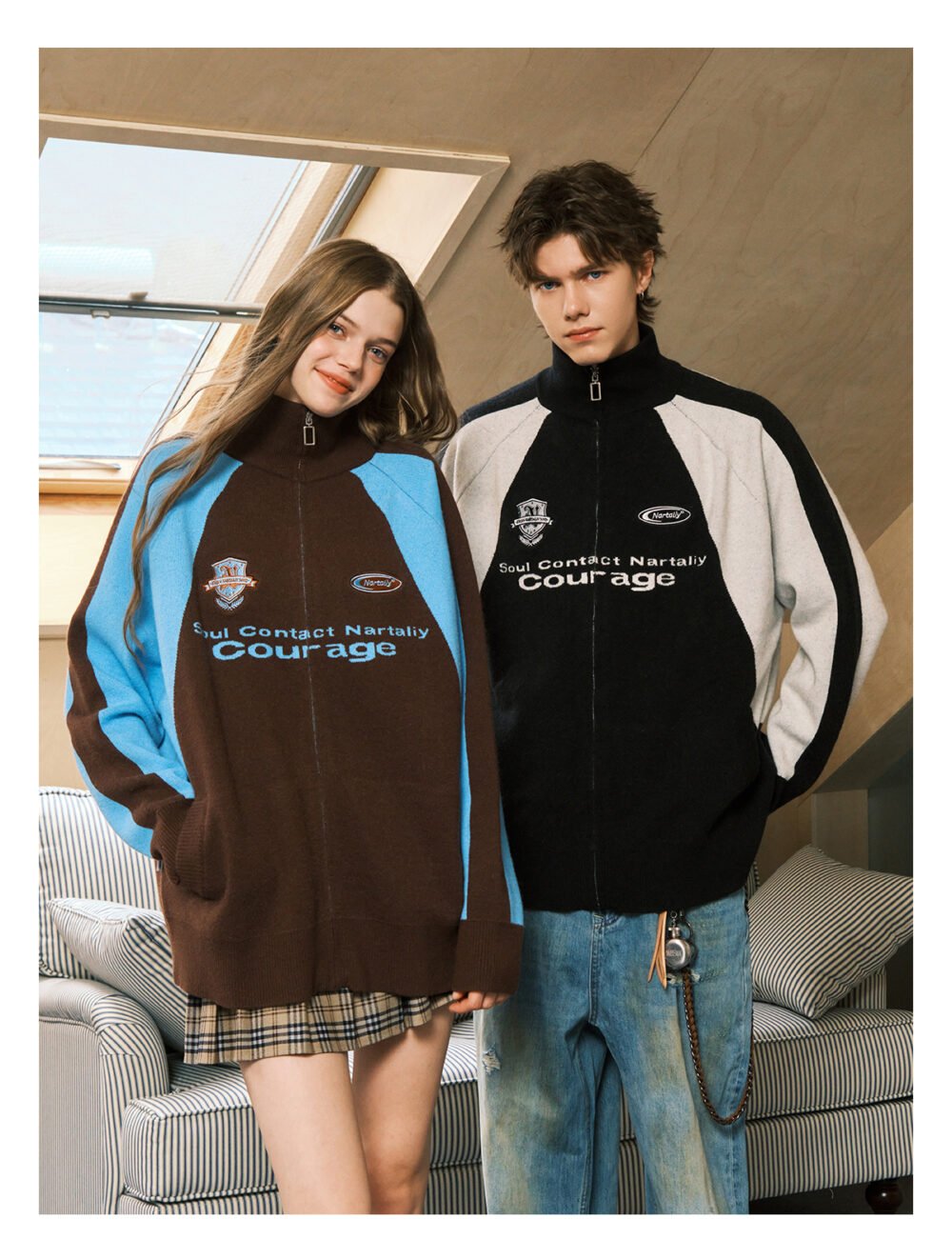 NARTALIY Contrast Color Stitching Stand Collar Zipper Sweater - Unisex Autumn and Winter Sports Knitted Cardigan Jacket - Image 2