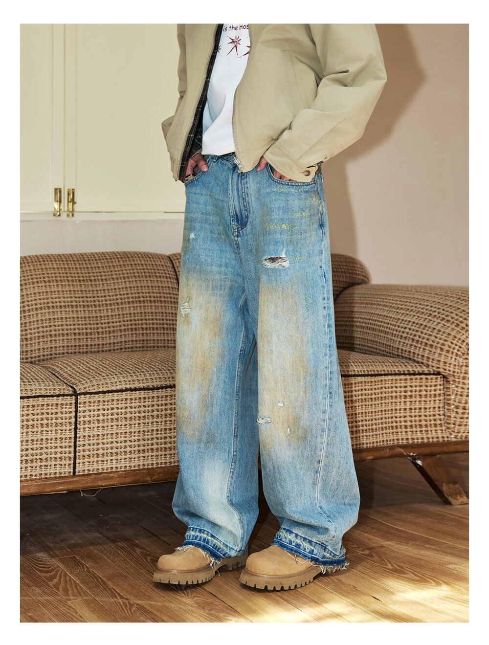 NARTALIY Yellow Mud Ripped Raw Edge Jeans - Men's Pure Cotton Trendy American High Street Wide-Leg Trousers - Image 4