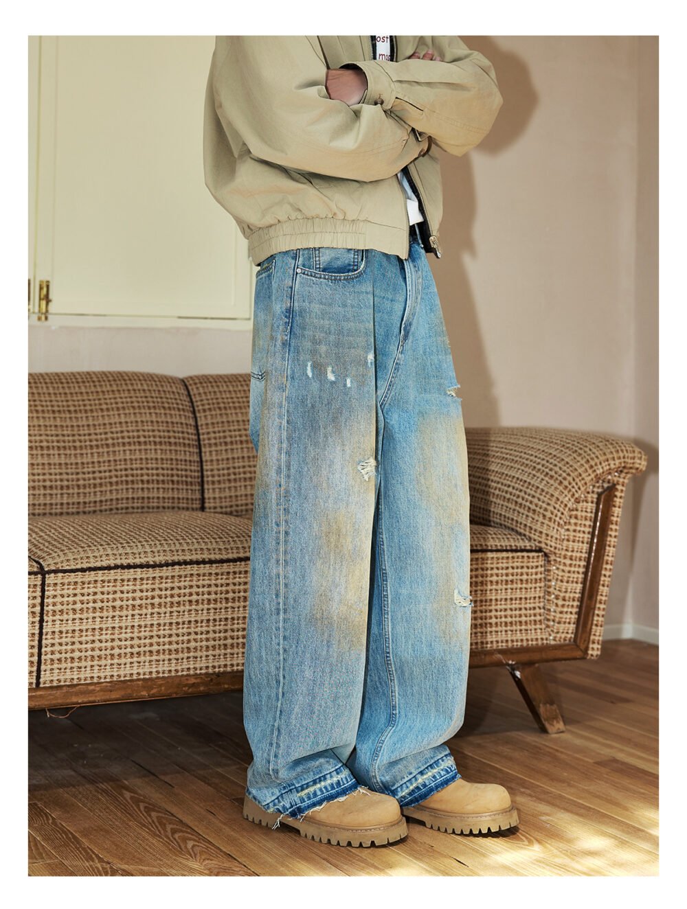 NARTALIY Yellow Mud Ripped Raw Edge Jeans - Men's Pure Cotton Trendy American High Street Wide-Leg Trousers - Image 5