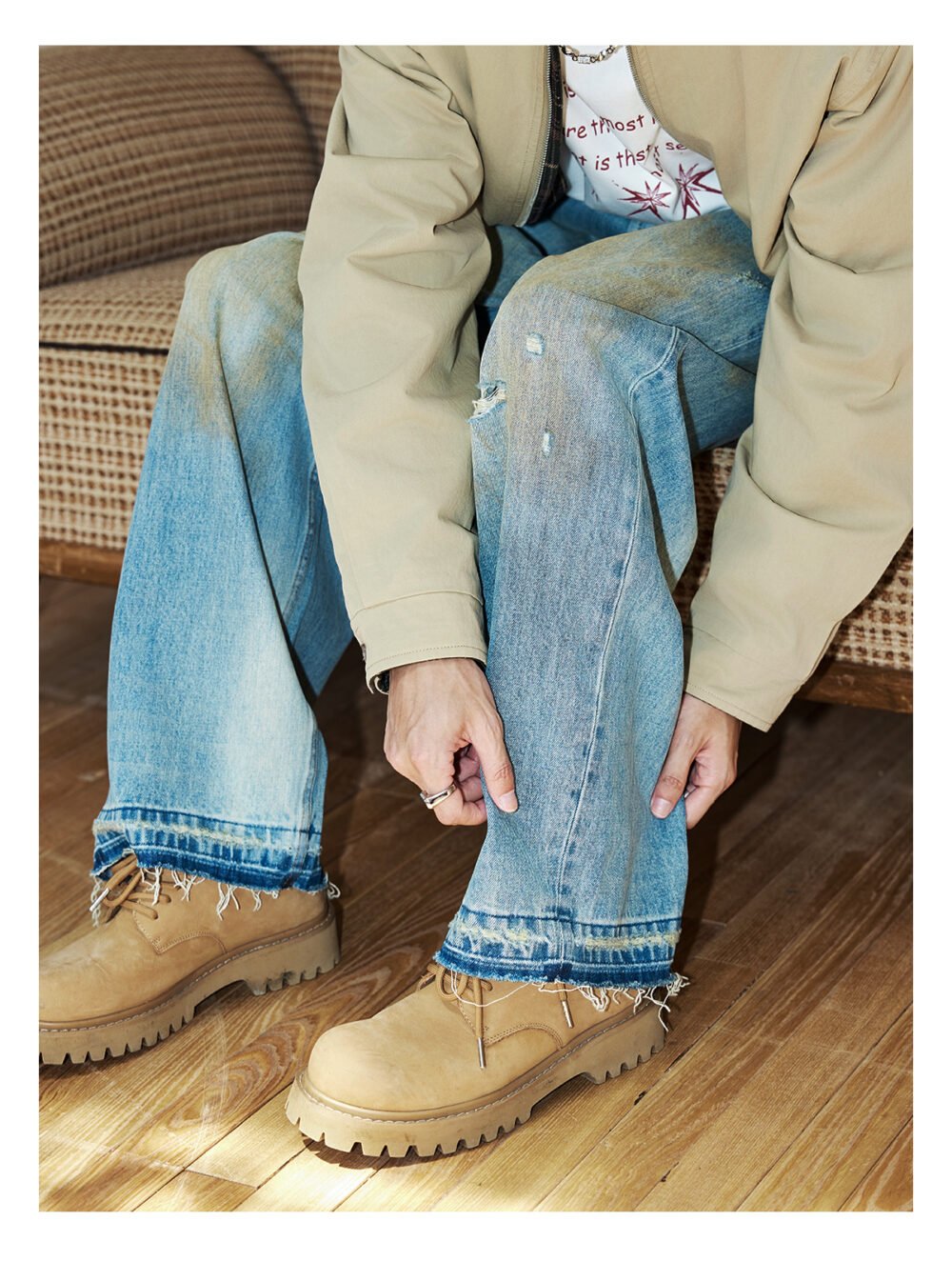 NARTALIY Yellow Mud Ripped Raw Edge Jeans - Men's Pure Cotton Trendy American High Street Wide-Leg Trousers - Image 6