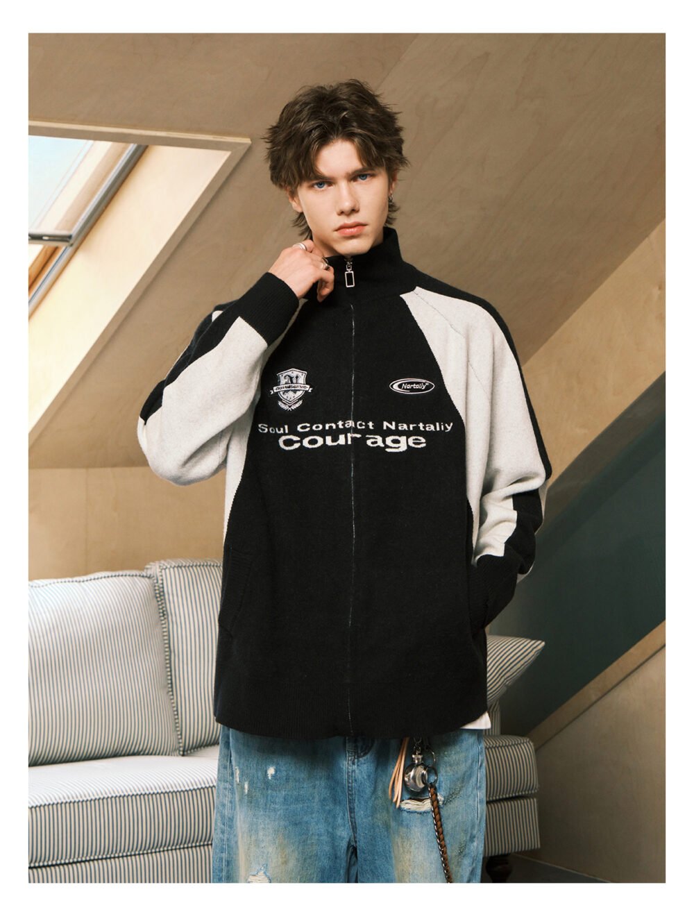 NARTALIY Contrast Color Stitching Stand Collar Zipper Sweater - Unisex Autumn and Winter Sports Knitted Cardigan Jacket - Image 10